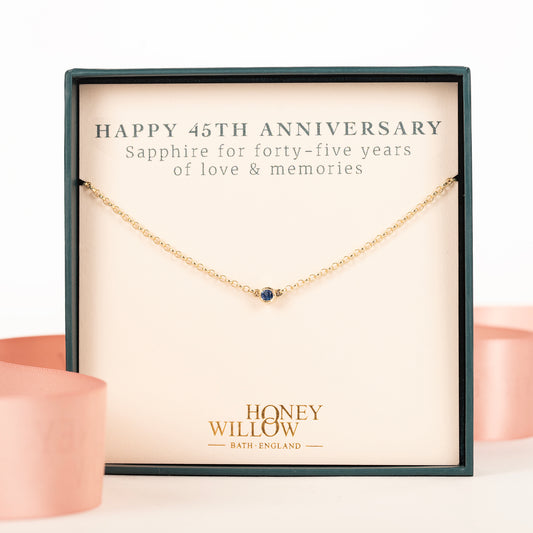 45th Anniversary Necklace - Single Sapphire Solitaire - 9kt Gold