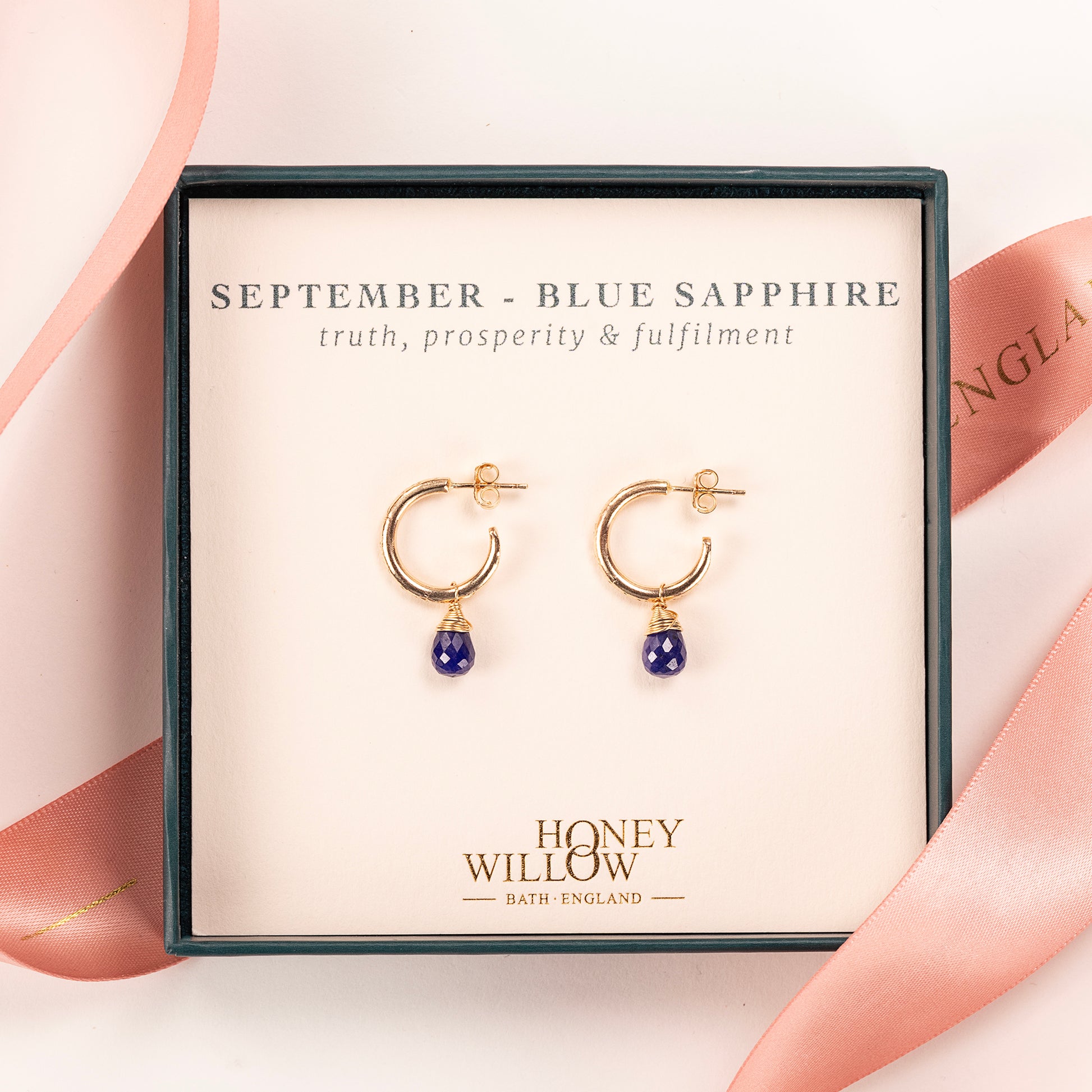 September Birthstone Earrings - Sapphire Gold Hoops - 1.5cm