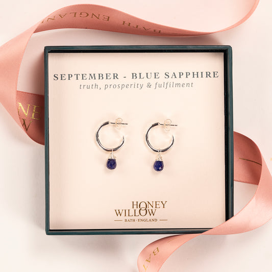 September Birthstone Earrings - Sapphire Silver Hoops - 1.5cm