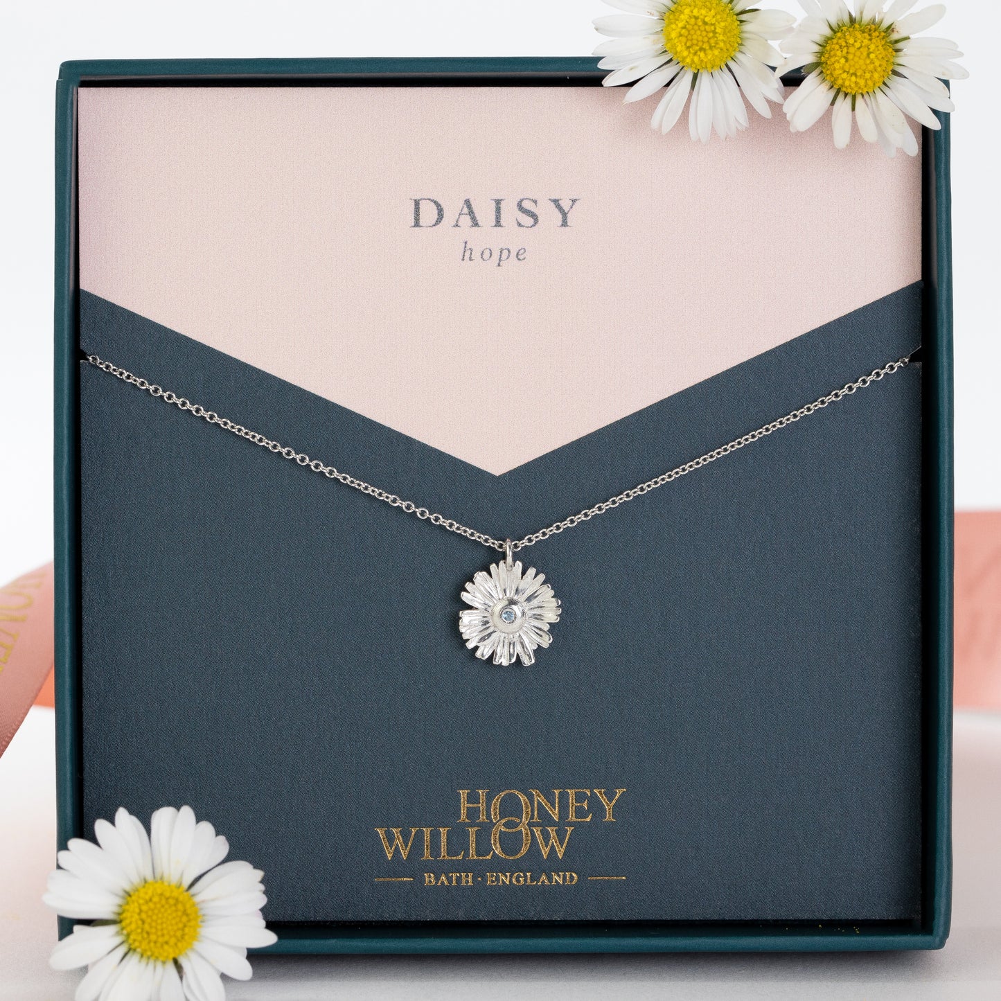 Daisy Flower Birthstone Necklace - Hope - Silver