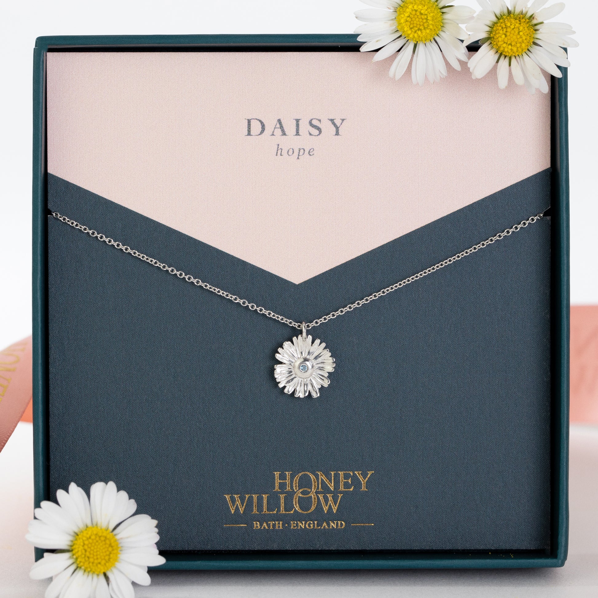 Daisy Flower Birthstone Necklace - Hope - Silver