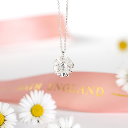 Daisy Flower Birthstone Necklace - Hope - Silver