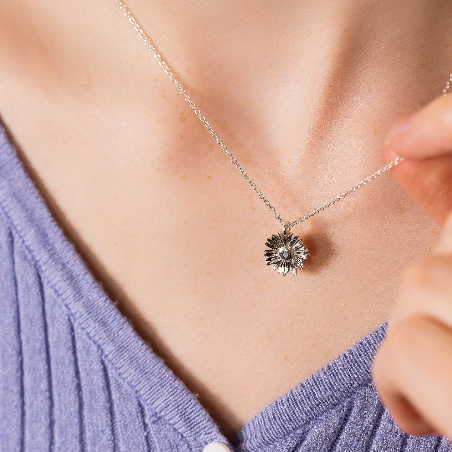 Daisy Flower Birthstone Necklace - Hope - Silver
