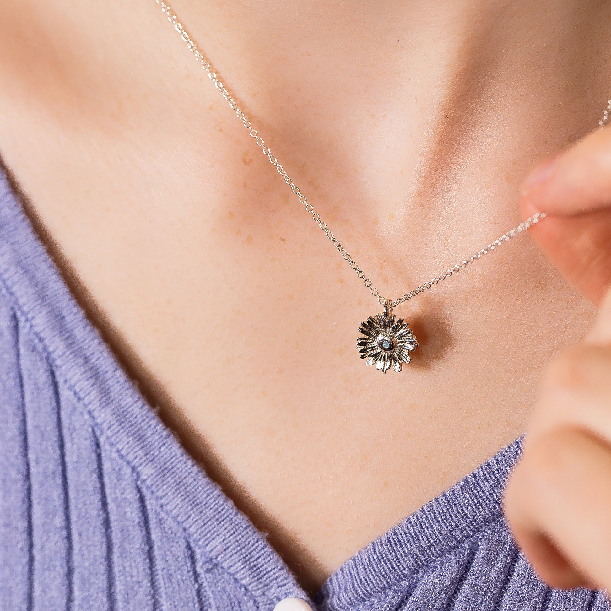 Daisy Flower Birthstone Necklace - Hope - Silver