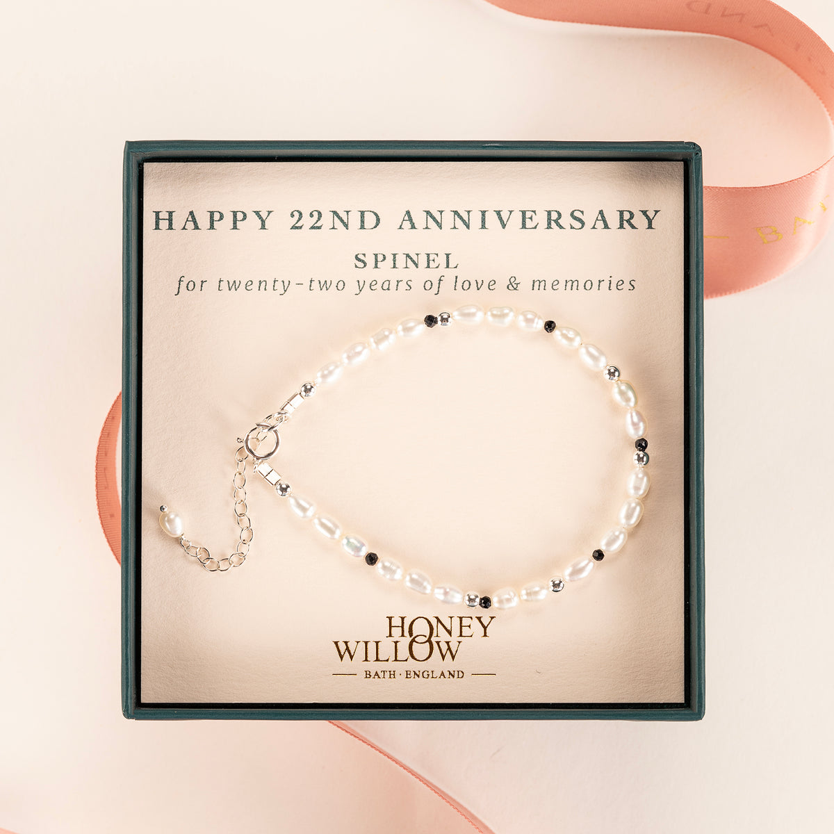 22nd Anniversary Gift - Pearl and Black Spinel Bracelet - Silver & Gold