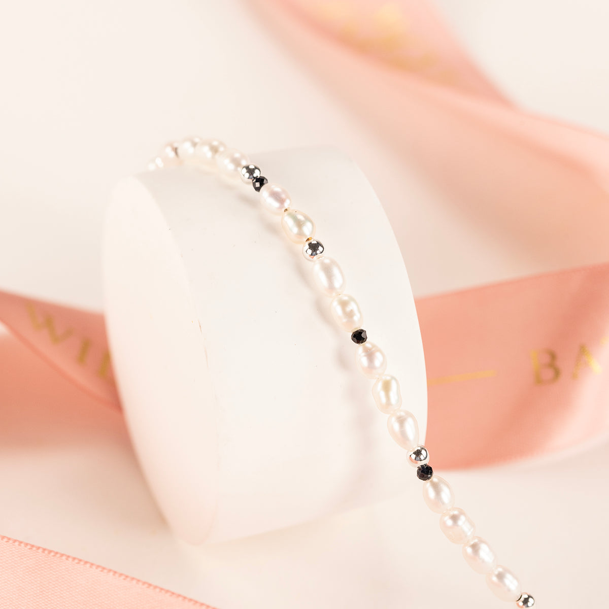 22nd Anniversary Gift - Pearl and Black Spinel Bracelet - Silver & Gold
