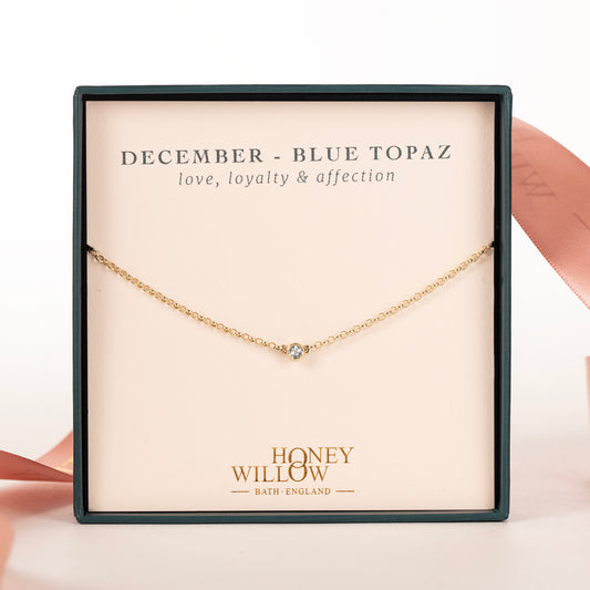 December Birthstone Necklace - Single Blue Topaz Solitaire - 9kt Gold