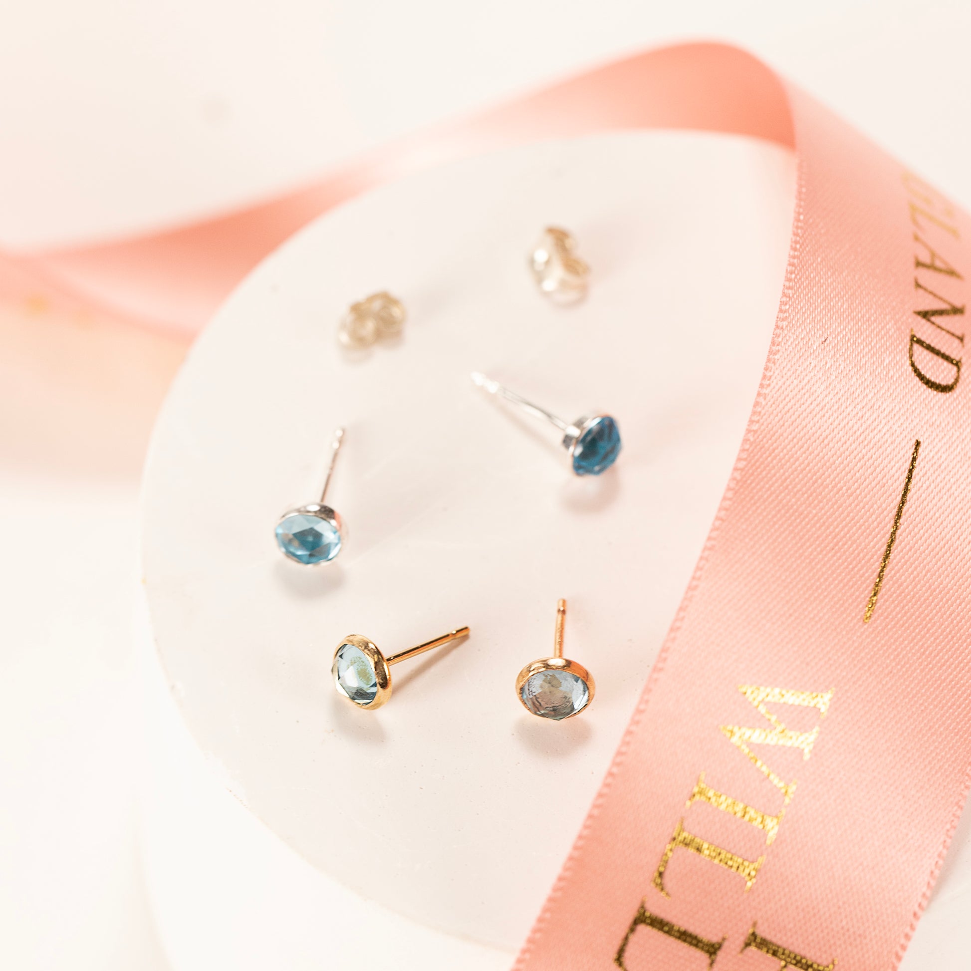 December Birthstone Stud Earrings - Blue Topaz - Silver & Gold