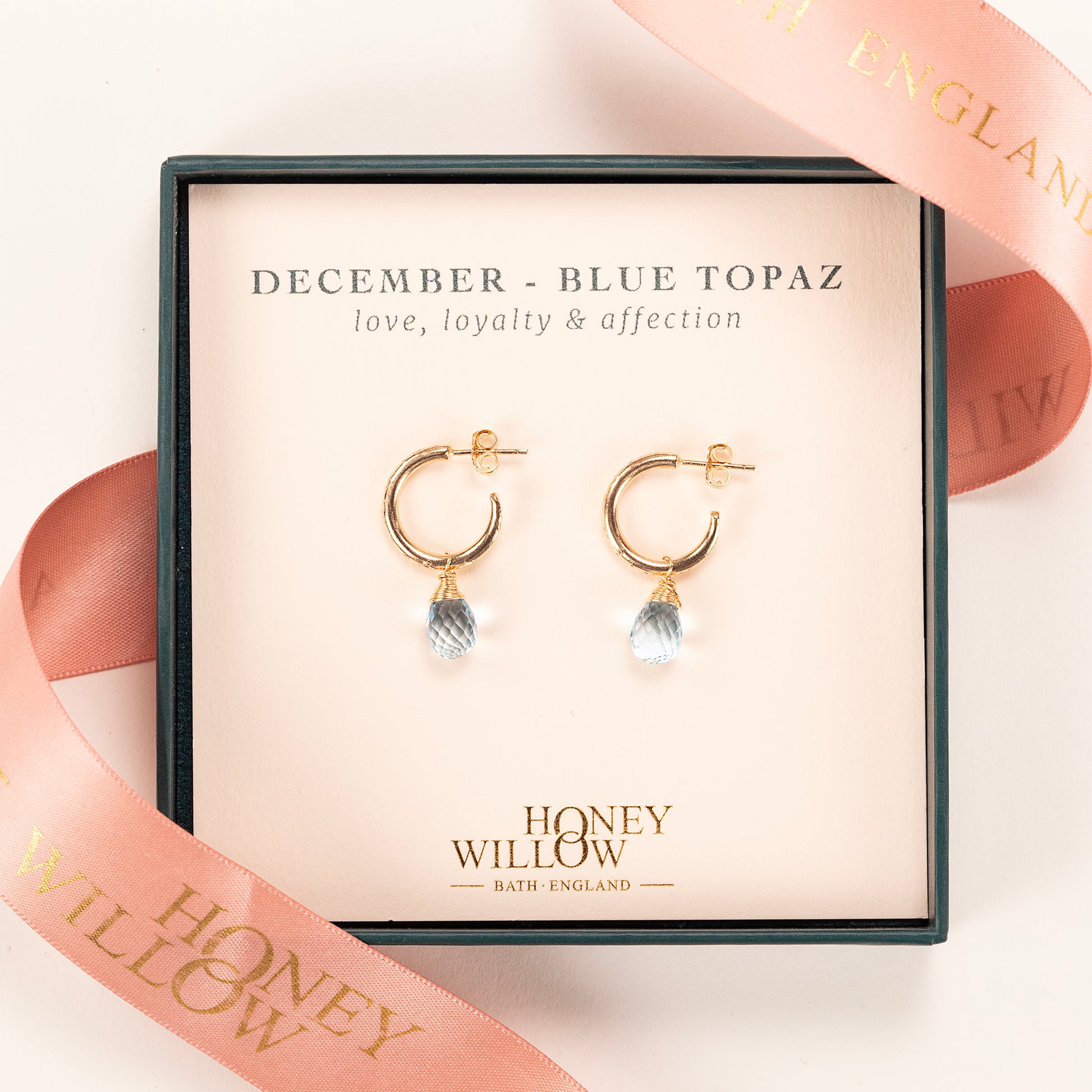 December Birthstone Earrings - Blue Topaz Gold Hoops - 1.5cm