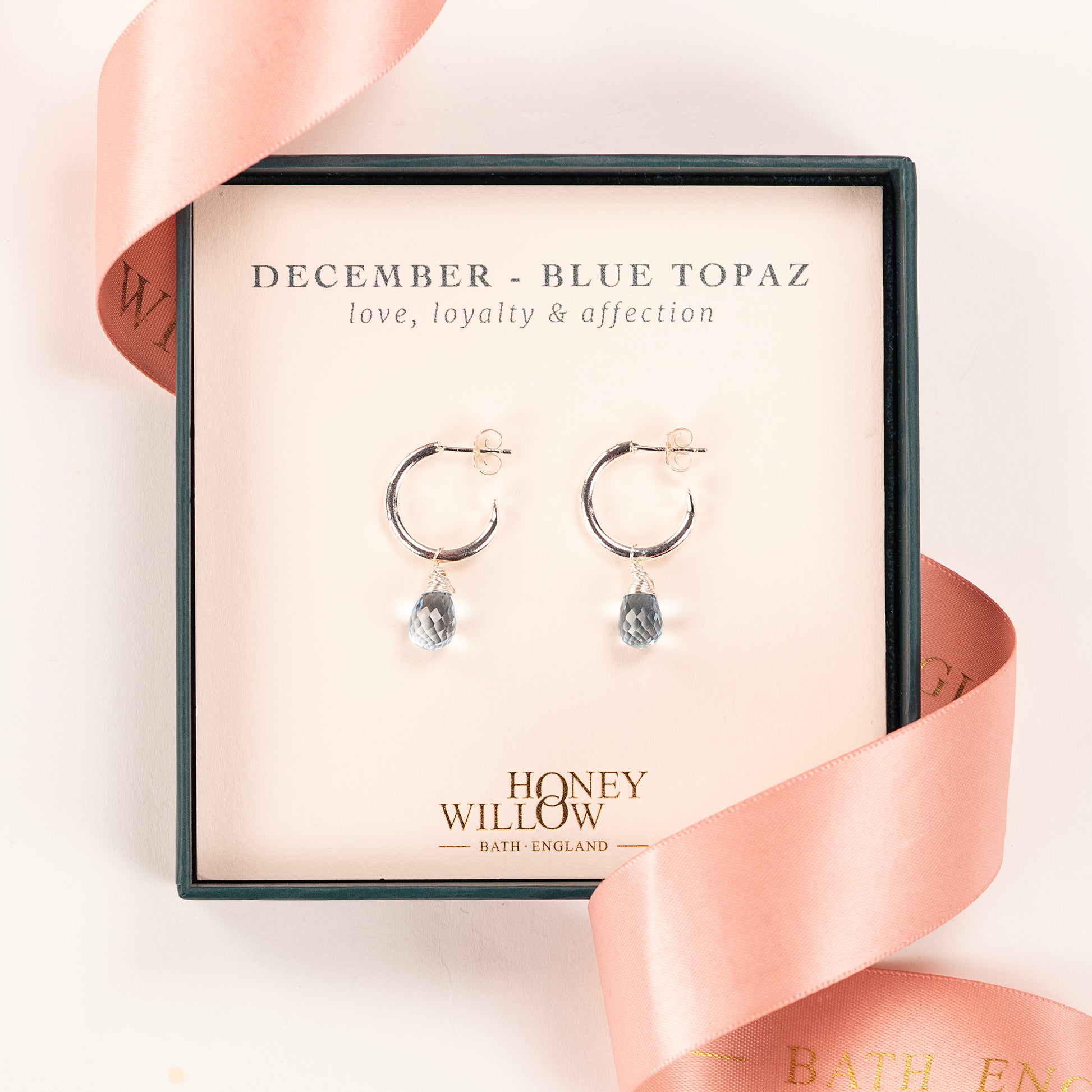 December Birthstone Earrings - Blue Topaz Silver Hoops - 1.5cm