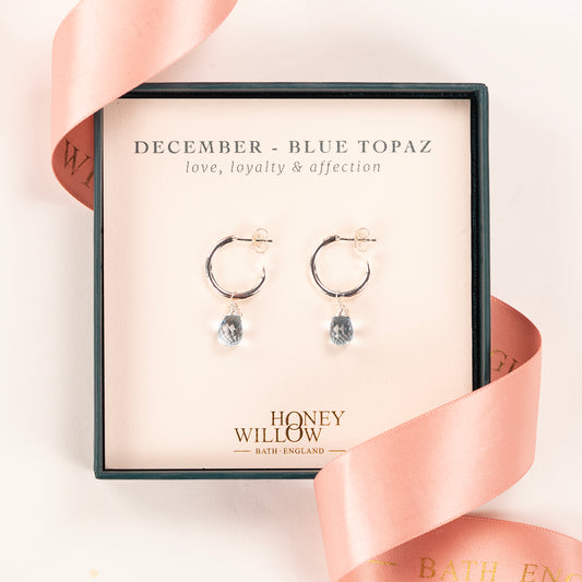 December Birthstone Earrings - Blue Topaz Silver Hoops - 1.5cm