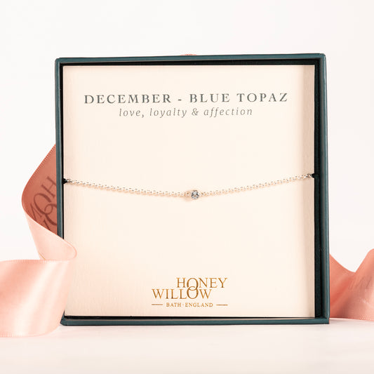 December Birthstone Bracelet - Single Blue Topaz Solitaire - Silver