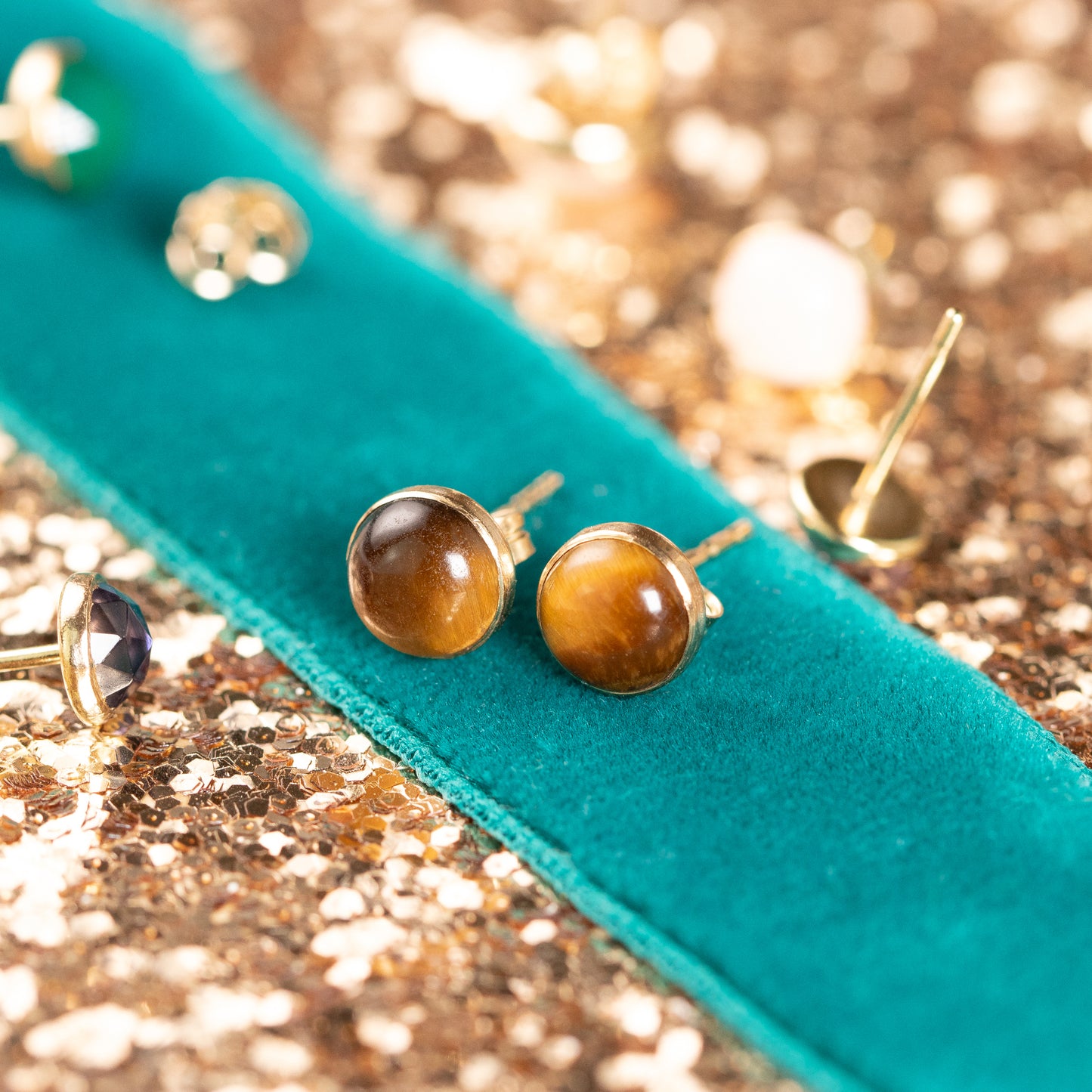 Tigers Eye Stud Earrings - Protection - Silver & Gold
