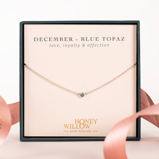 December Birthstone Necklace - Single Blue Topaz Solitaire - Silver