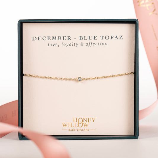 December Birthstone Bracelet - Single Blue Topaz Solitaire - 9kt gold