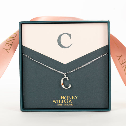 C Initial Charm & Birthstone Necklace - Silver