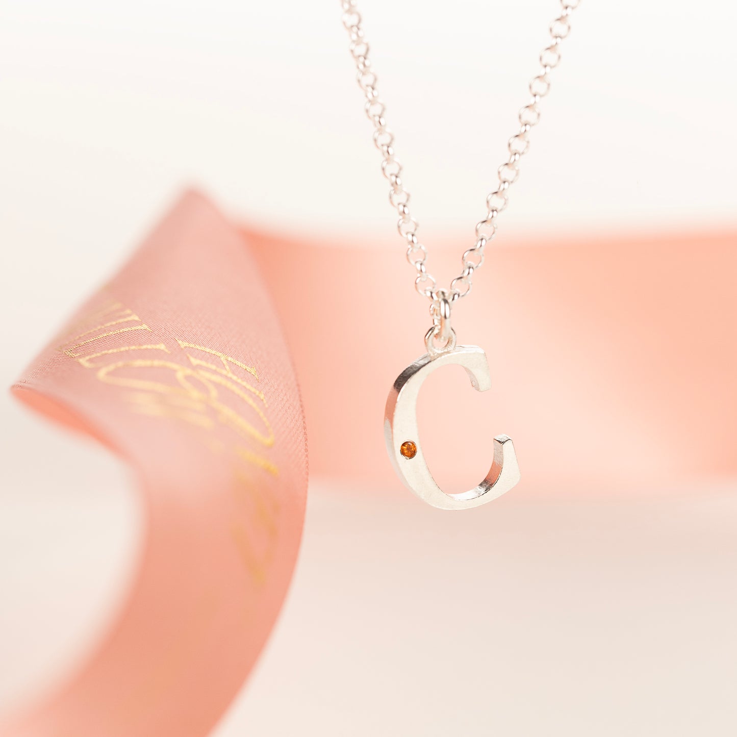 C Initial Charm & Birthstone Necklace - Silver