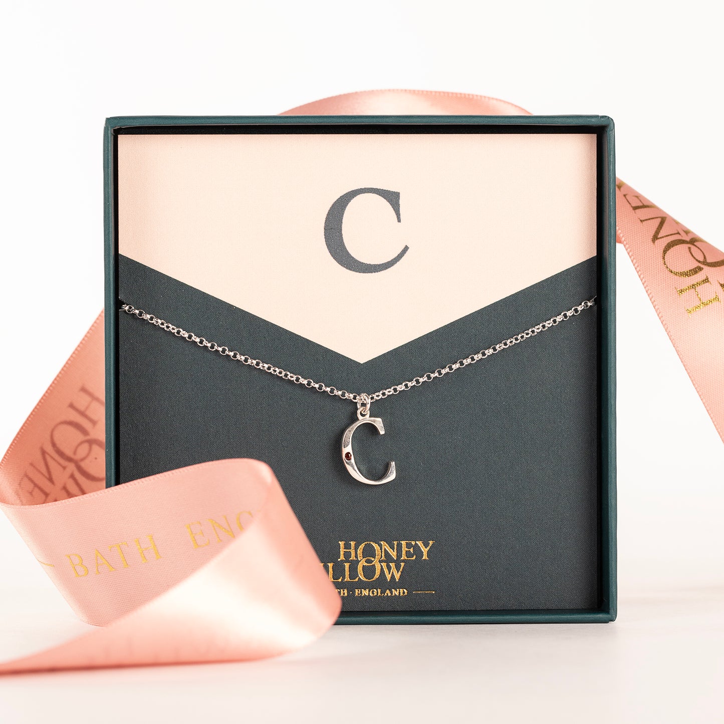 C Initial Letter & Birthstone Necklace - Silver