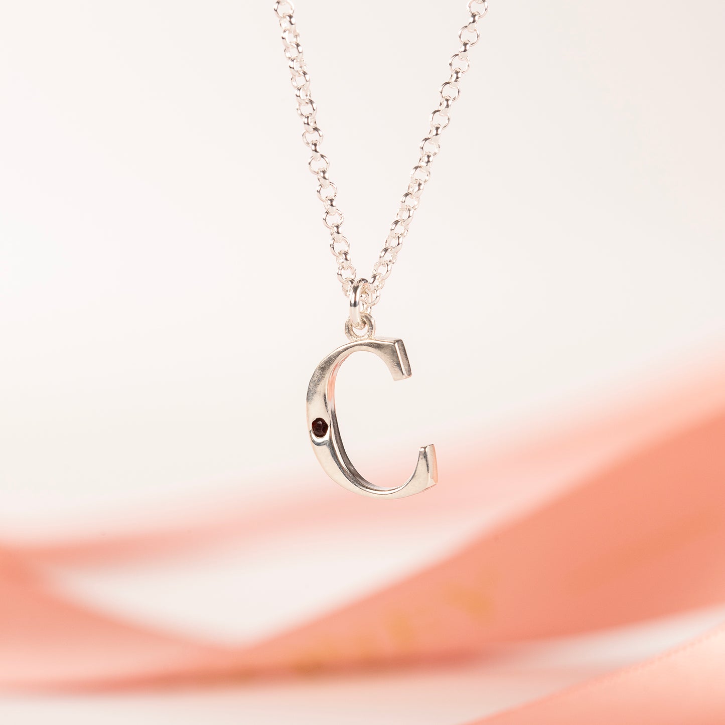 C Initial Letter & Birthstone Necklace - Silver