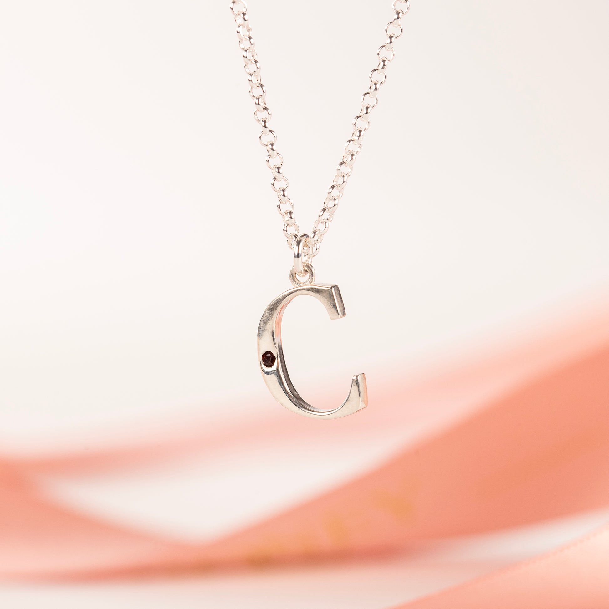 C Initial Letter & Birthstone Necklace - Silver