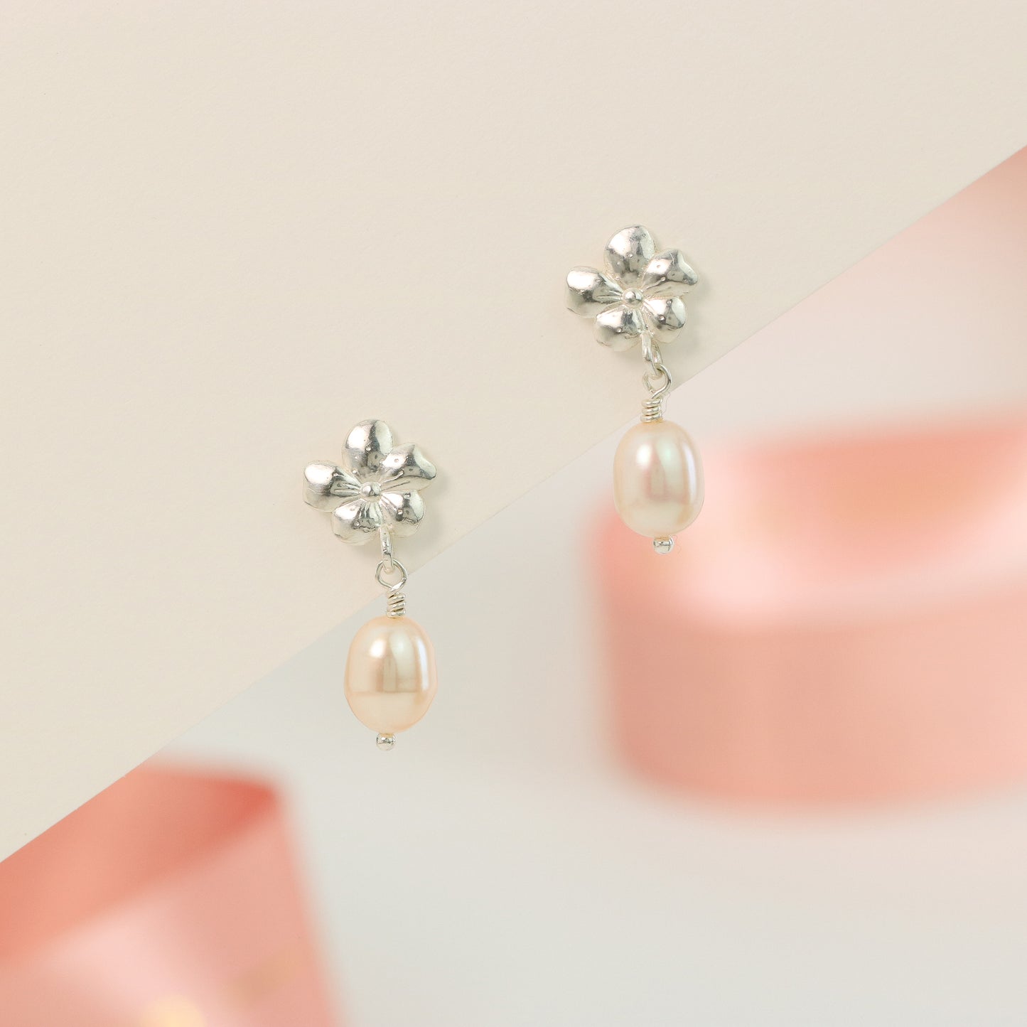Cherry Blossom Flower Earrings - Luck - Silver & Pearl