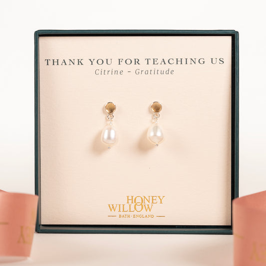 Thank You Gift for Teacher - Citrine & Pearl Earrings - Silver & Gold