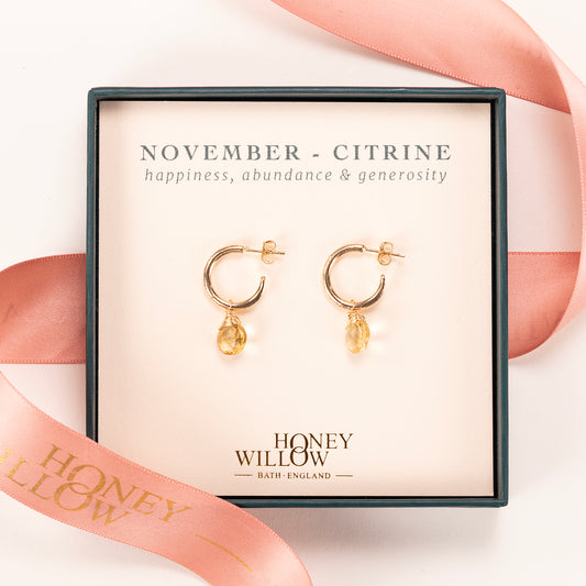 November Birthstone Earrings - Citrine Gold Hoops - 1.5cm