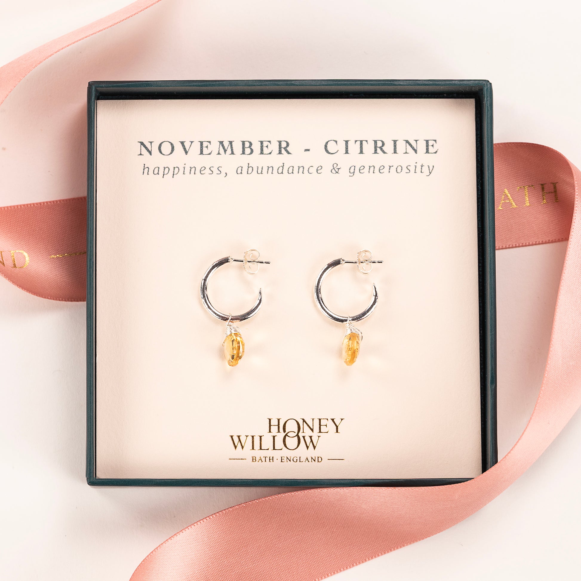 November Birthstone Earrings - Citrine Silver Hoops - 1.5cm