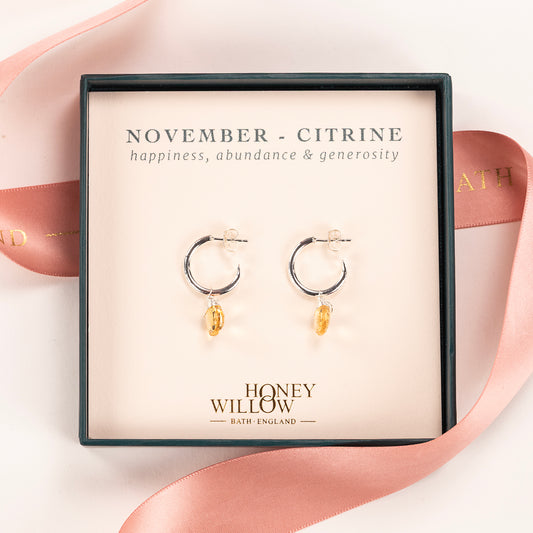 November Birthstone Earrings - Citrine Silver Hoops - 1.5cm
