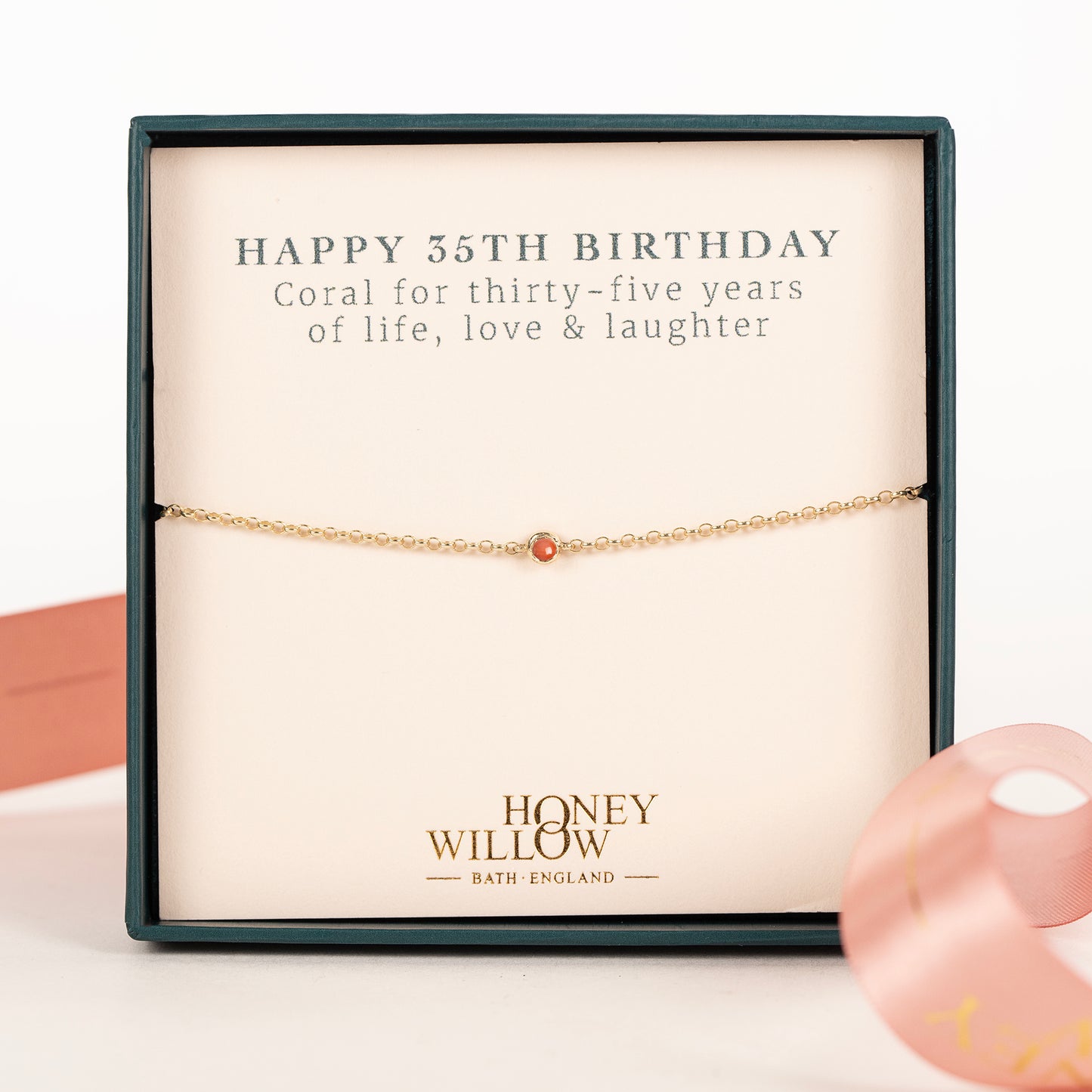 35th Birthday Bracelet - Single Coral Solitaire - 9kt Gold