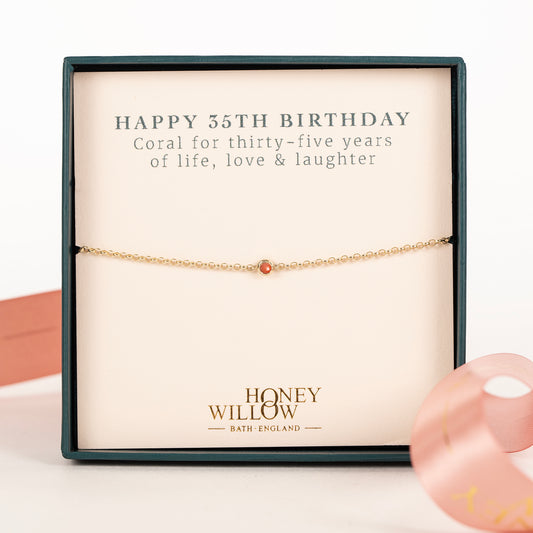 35th Birthday Bracelet - Single Coral Solitaire - 9kt Gold