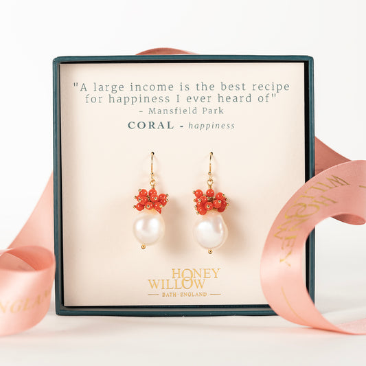 Jane Austen Inspired - Coral & Pearl Earrings - Silver & Gold