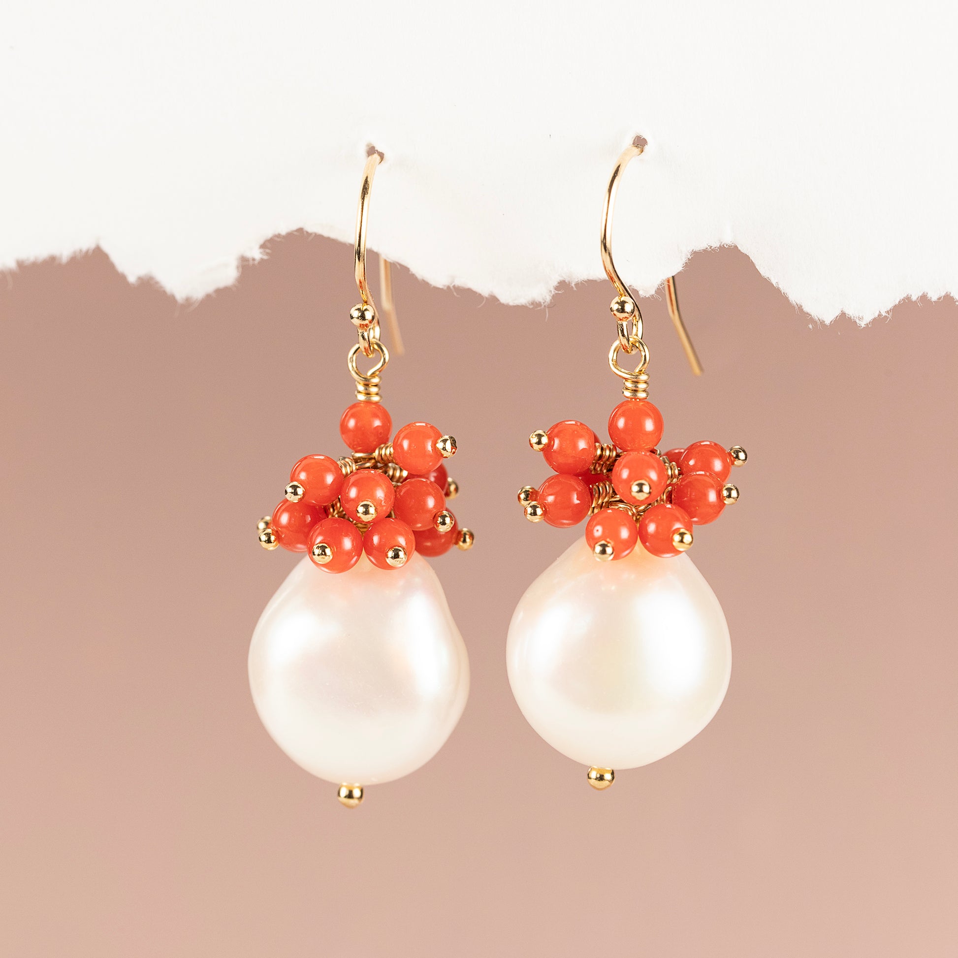 35th Anniversary Gift - Coral & Pearl Earrings - Silver & Gold