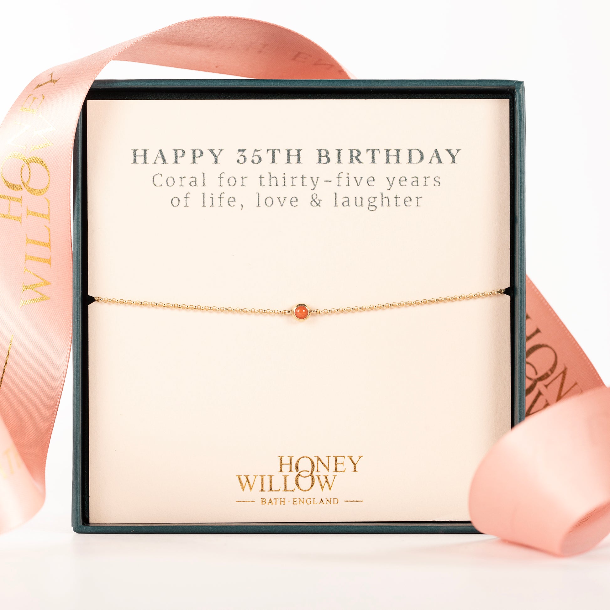35th Birthday Bracelet - Single Coral Solitaire - 9kt Gold