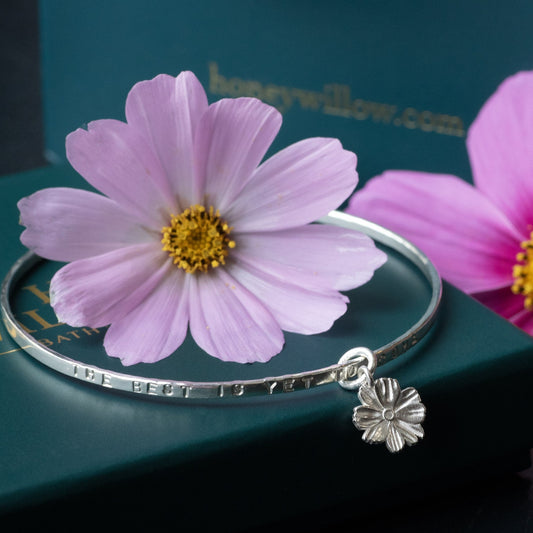Personalised Cosmos Flower Bangle - Hand-Stamped - Silver