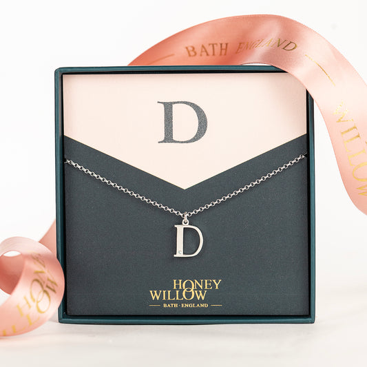 D Initial Charm & Birthstone Necklace - Silver