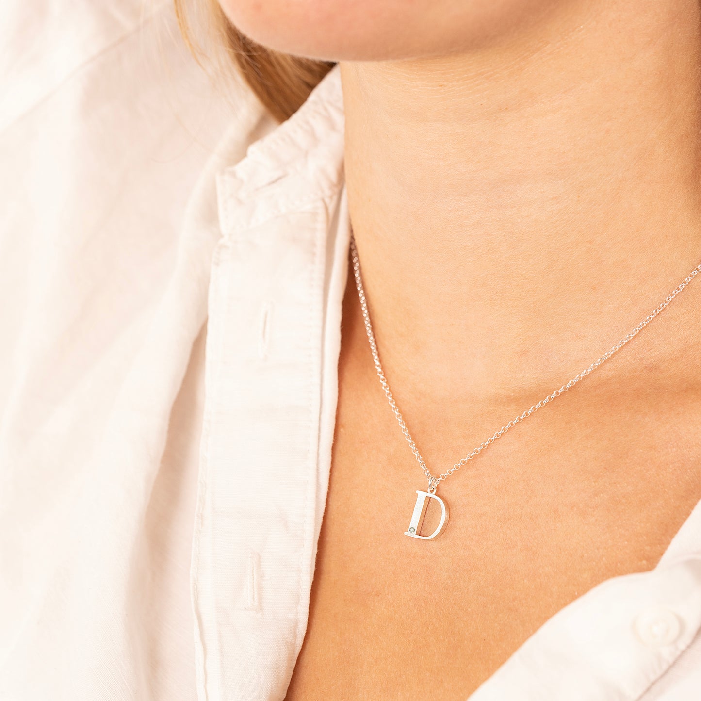 D Initial Letter & Birthstone Necklace - Silver