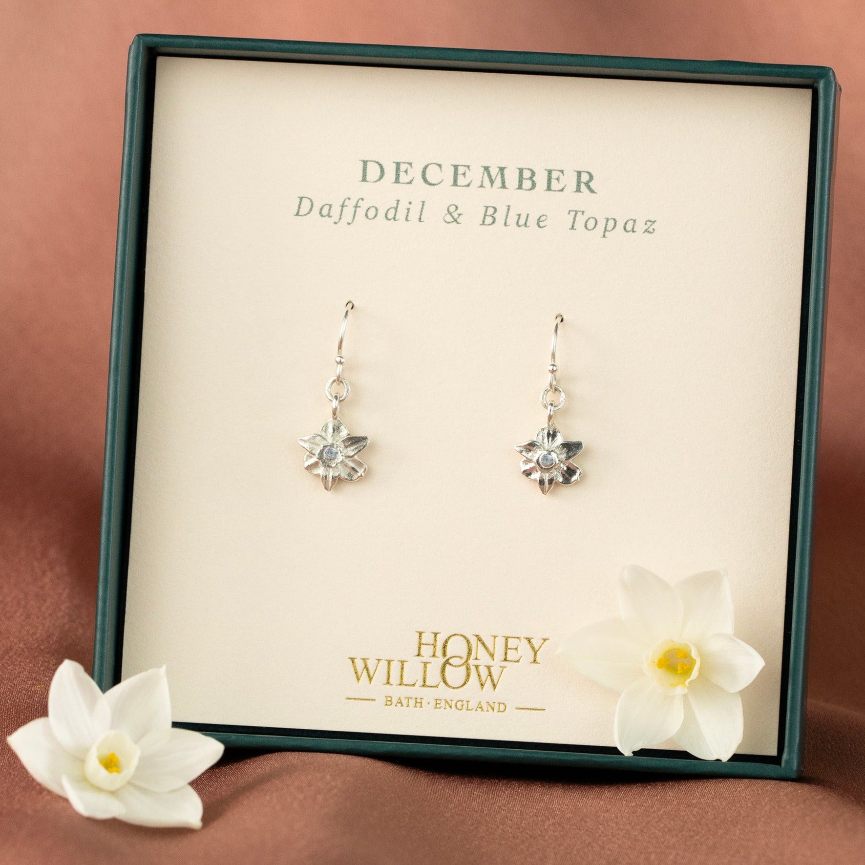 December Birth Flower & Birthstone Earrings - Daffodil & Blue Topaz - Silver