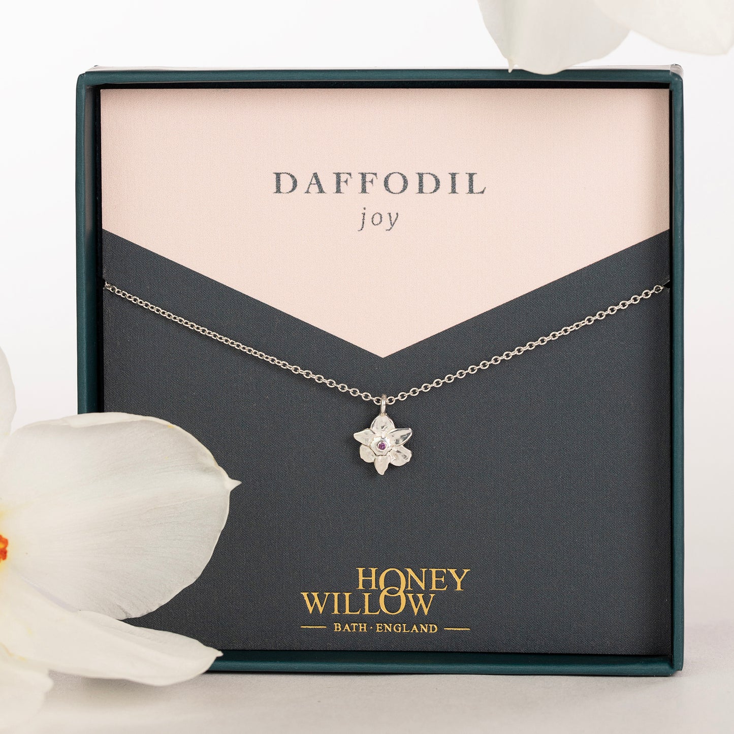 Daffodil Flower Birthstone Necklace - Joy - Silver