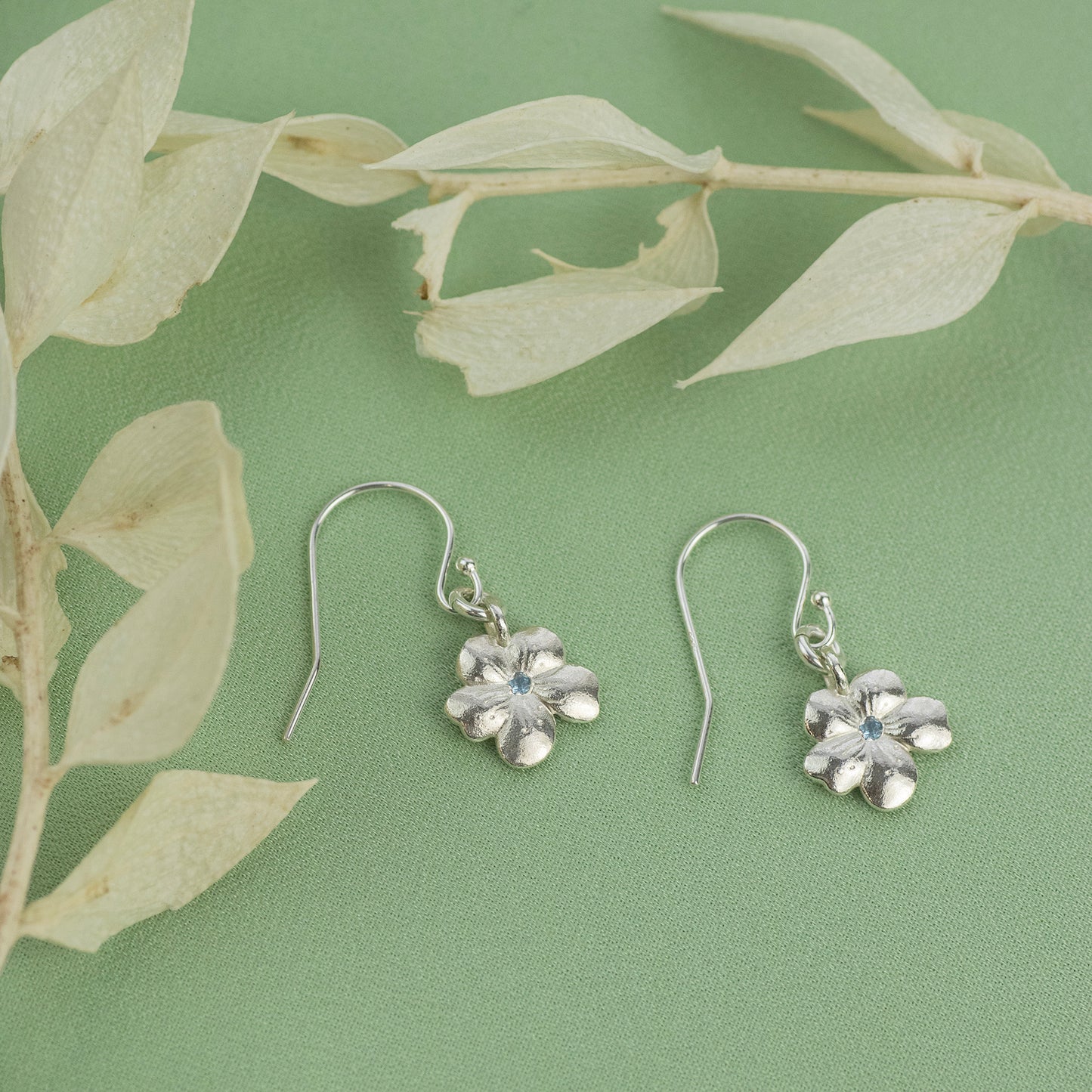 March Birth Flower & Birthstone Earrings Cherry Blossom & Aquamarine