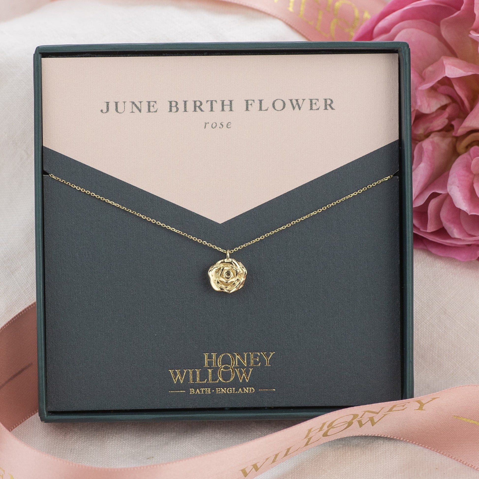 June Birth Flower Necklace Rose 9kt Gold Honey Willow handmade jewellery
