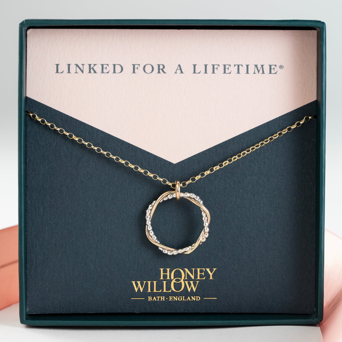 Entwined Halo Necklace - Linked for a Lifetime - Silver & 9kt Gold Rich text editor