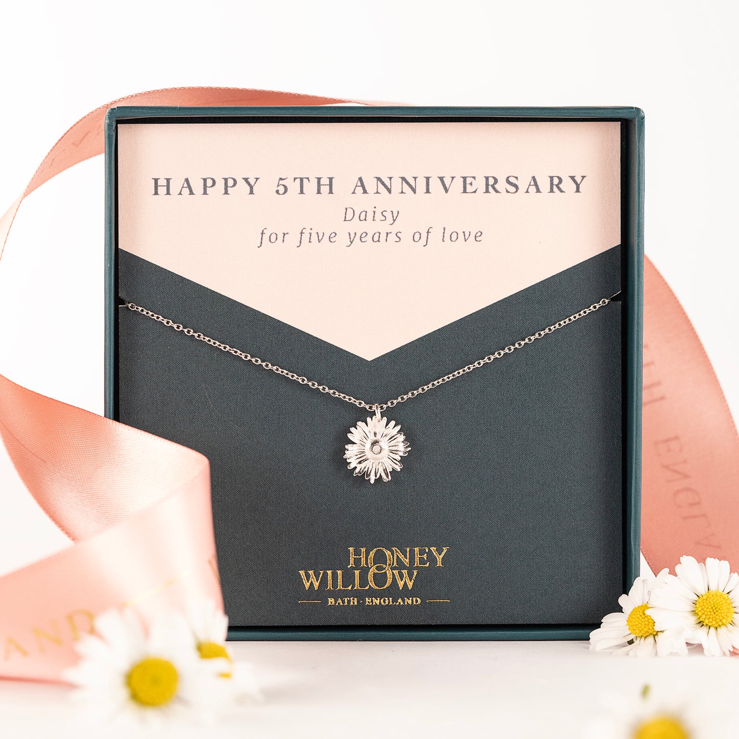 5th Anniversary Gift - Daisy Flower Necklace - Silver