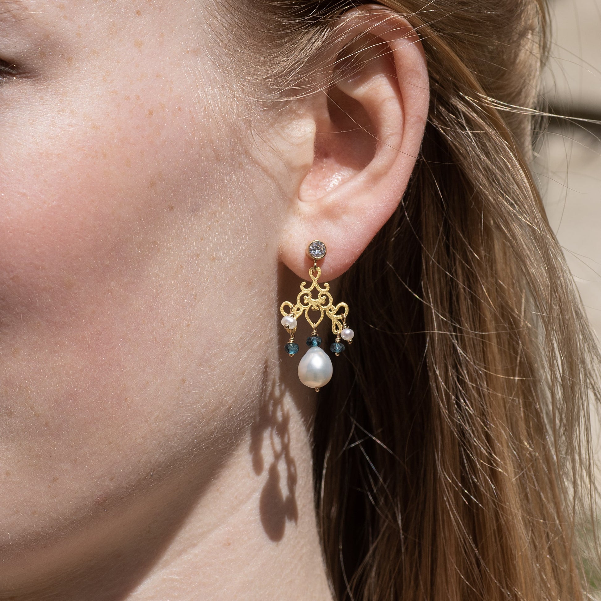 14kt Blue Topaz Baroque Pearl Drop Earrings