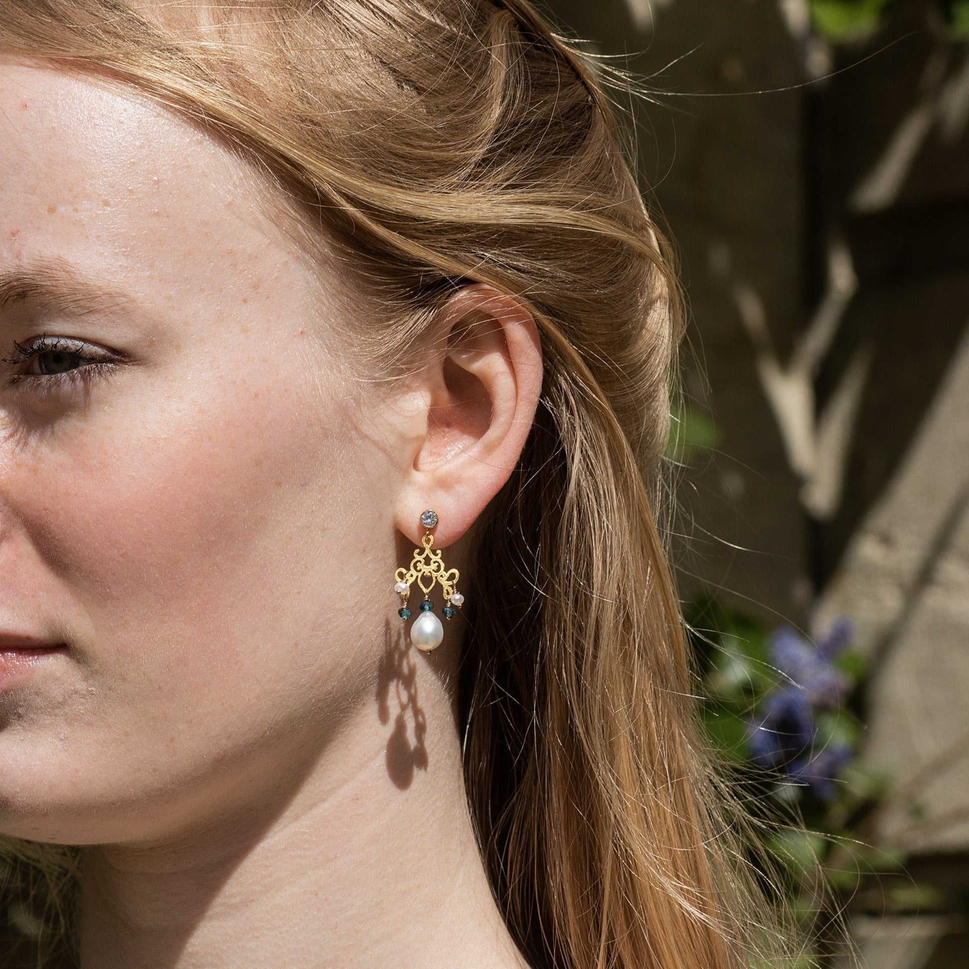 Gold Filigree, Blue Topaz & Pearl Earrings - Bridgerton Inspired - Charlotte
