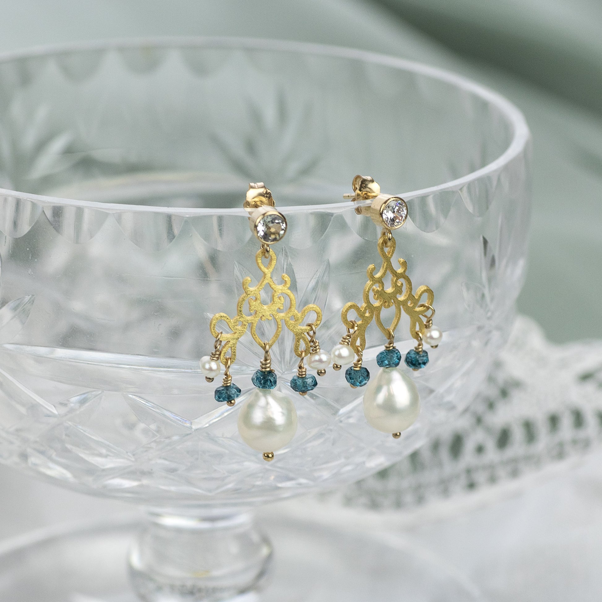 Gold Filigree, Blue Topaz & Pearl Earrings - Bridgerton Inspired - Charlotte