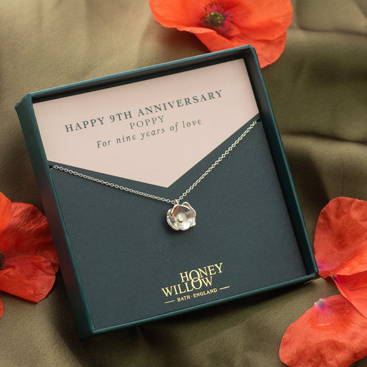 9th Anniversary Gift - Poppy Flower Necklace - Silver