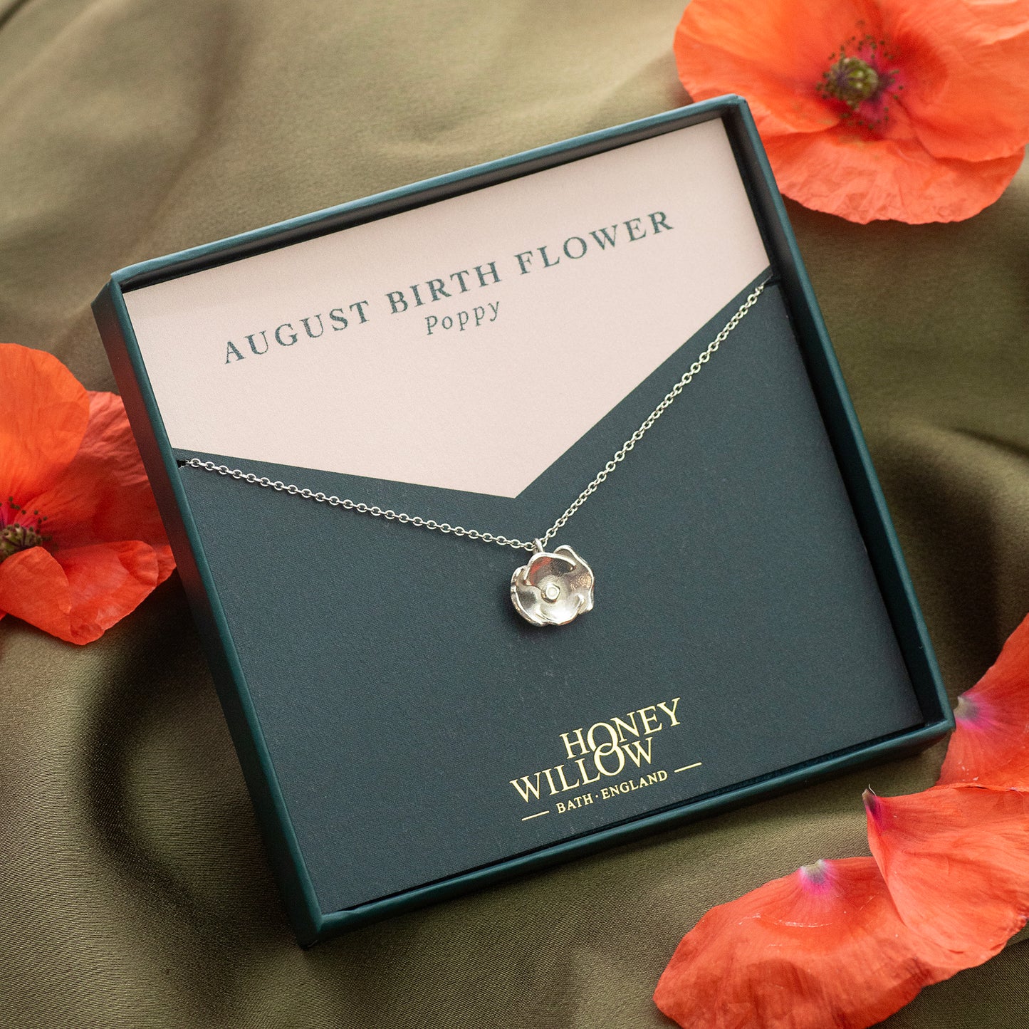 August Birth Flower Necklace- Poppy - Silver