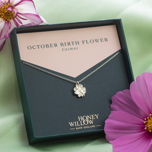October Birth Flower Necklace - Cosmos - Silver