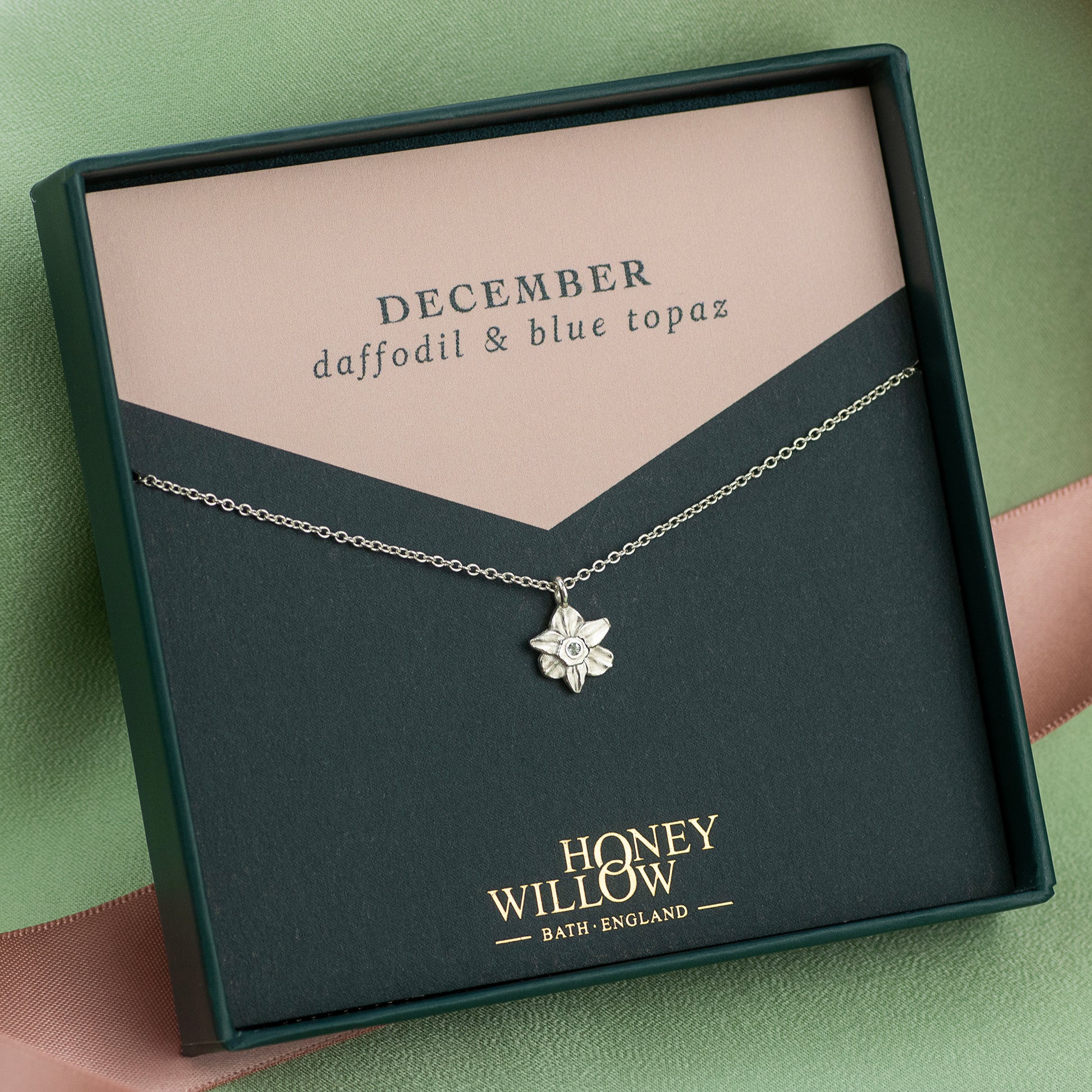 December Birth Flower & Birthstone Necklace - Daffodil & Blue Topaz - Silver